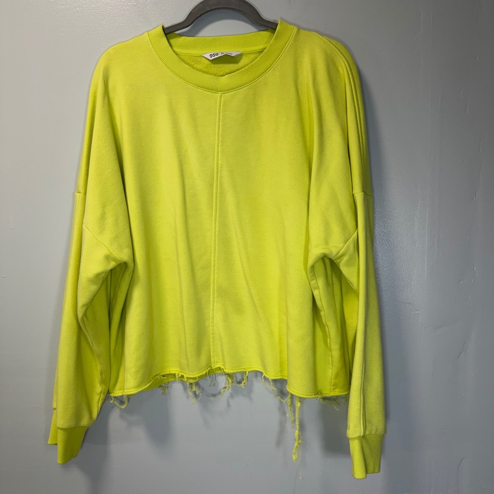 DSG Womens XL Neon Lime Green Distressed Raw Hem Oversized Crewneck Sweatshirt
